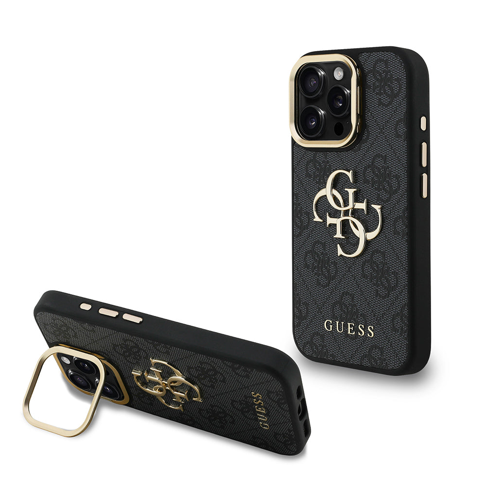 Apple iPhone 15 Pro Kılıf Guess Orjinal Lisanslı PU Deri 4G Desenli Metal Büyük 4G ve Yazı Logolu Kamera Standlı Kapak
