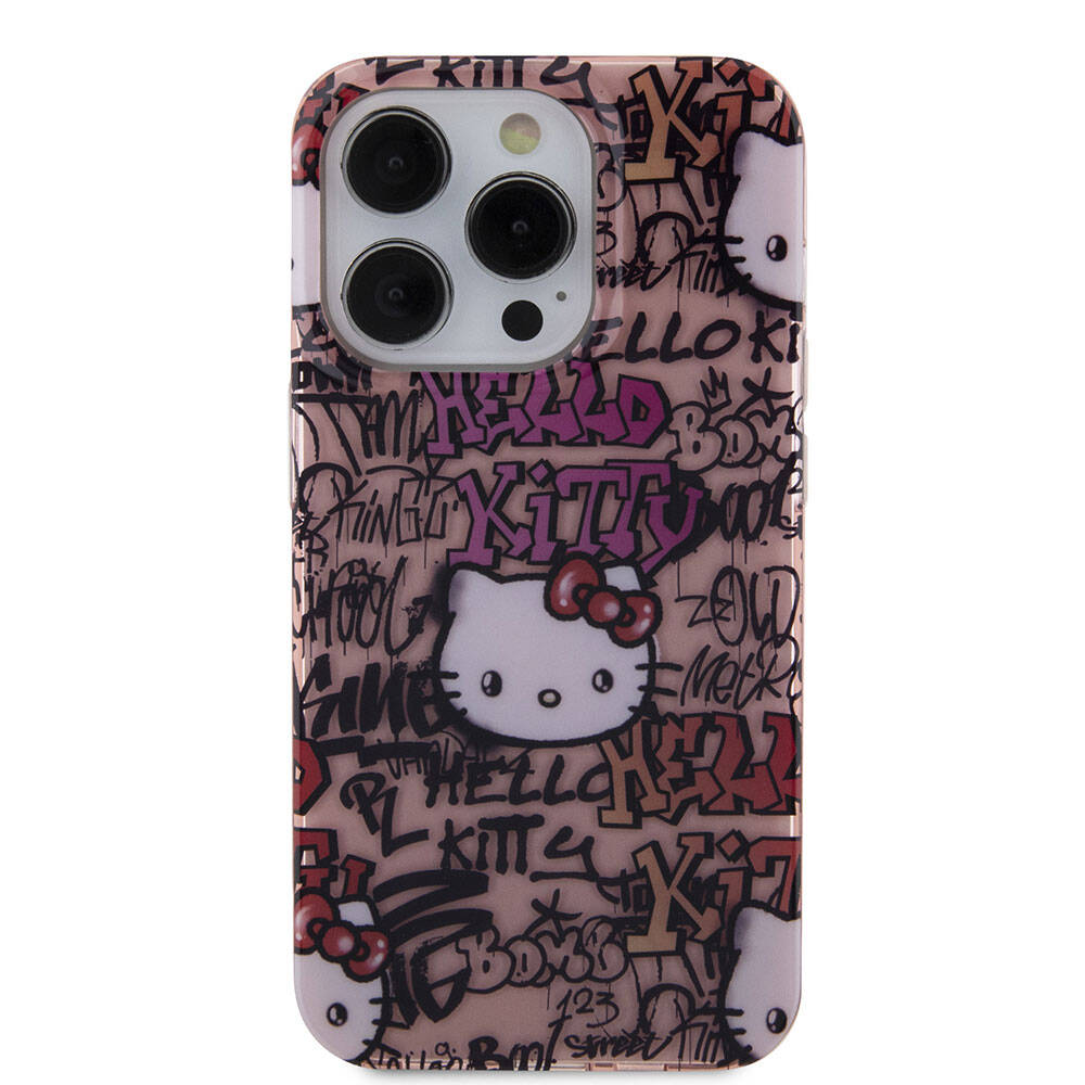 iPhone 15 Pro Kılıf Hello Kitty Orjinal Lisanslı İkonik Logolu Etiket Graffiti Kılıf Beyaz