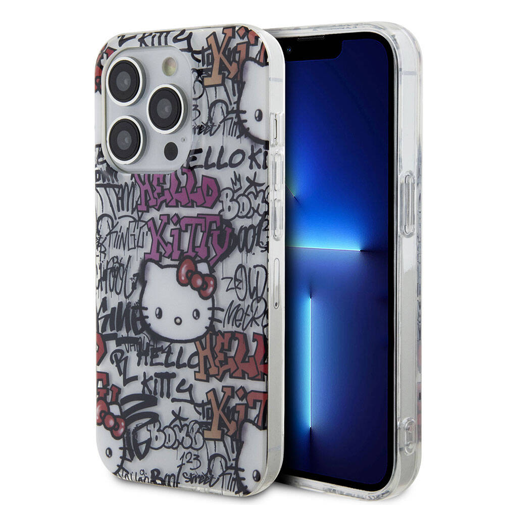 iPhone 15 Pro Kılıf Hello Kitty Orjinal Lisanslı İkonik Logolu Etiket Graffiti Kılıf Beyaz