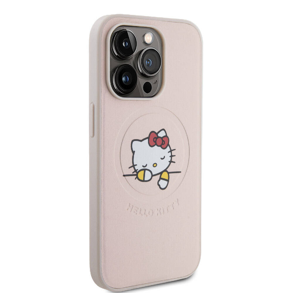 iPhone 15 Pro Kılıf Hello Kitty Orjinal Lisanslı Magsafe Şarj Özellikli Baskı Logolu Uyuyan Kitty Deri Kılıf Pembe