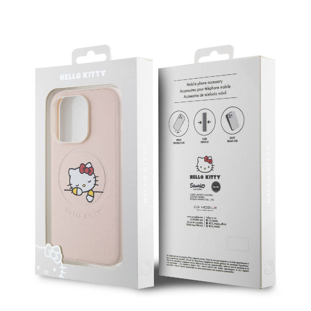 iPhone 15 Pro Kılıf Hello Kitty Orjinal Lisanslı Magsafe Şarj Özellikli Baskı Logolu Uyuyan Kitty Deri Kılıf Gümüş