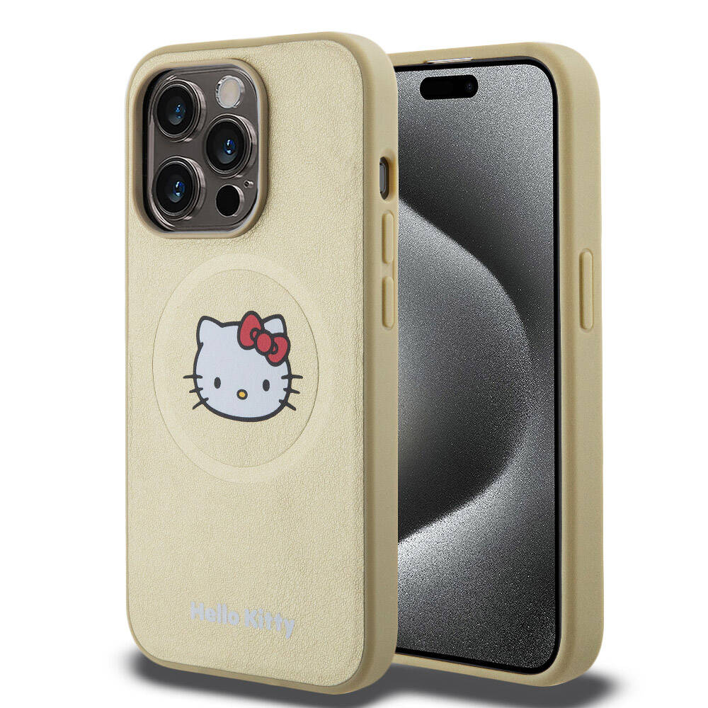 iPhone 15 Pro Kılıf Hello Kitty Orjinal Lisanslı Magsafe Şarj Özellikli Kitty Head Deri Kılıf Siyah