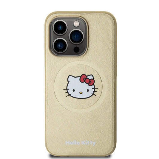 iPhone 15 Pro Kılıf Hello Kitty Orjinal Lisanslı Magsafe Şarj Özellikli Kitty Head Deri Kılıf Gold