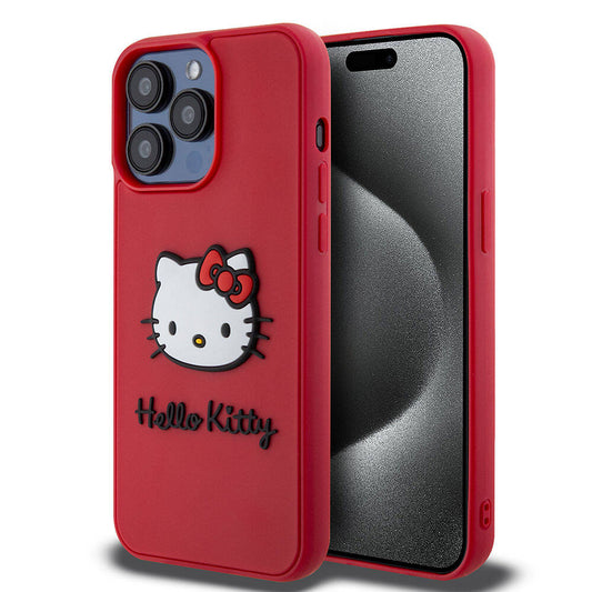 iPhone 15 Pro Kılıf Hello Kitty Orjinal Lisanslı Yazı ve İkonik Logolu 3D Rubber Kitty Head Kılıf Siyah