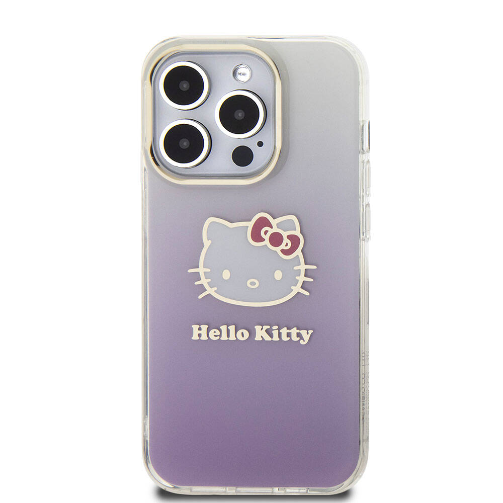 iPhone 15 Pro Kılıf Hello Kitty Orjinal Lisanslı Yazı ve İkonik Logolu Elektroplating Kaplama Gradyan Kılıf Mor