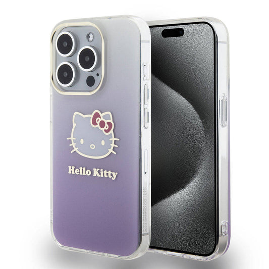 iPhone 15 Pro Kılıf Hello Kitty Orjinal Lisanslı Yazı ve İkonik Logolu Elektroplating Kaplama Gradyan Kılıf Mor