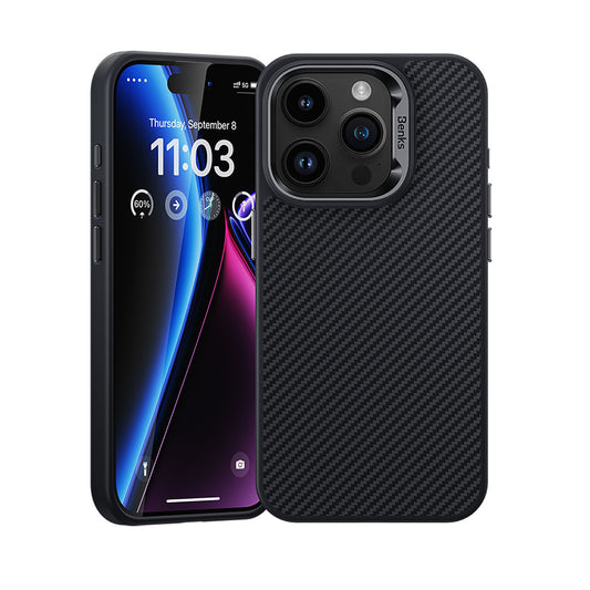 iPhone 15 Pro Kılıf Karbon Fiber Magsafe Şarj Özellikli Benks Hybrid ArmorPro 600D Kevlar Kılıf Siyah