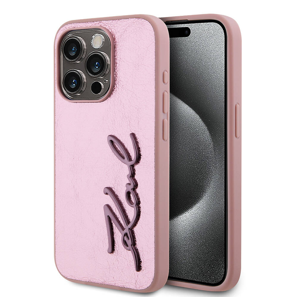 Apple iPhone 15 Pro Kılıf Karl Lagerfeld Orjinal Lisanslı 3D KL Yazılı Tüylü Arka Yüzey Saffiano Rhinestones Kapak