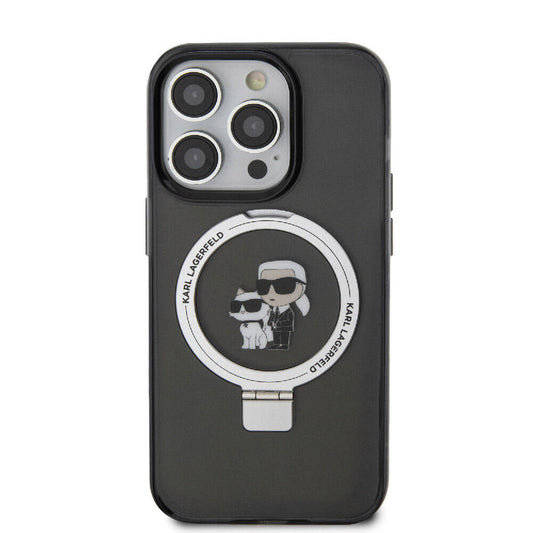Apple iPhone 15 Pro Kılıf Karl Lagerfeld Orjinal Lisanslı M-safe Şarj Özellikli K&C İkonik Baskılı Ring Standlı Kapak