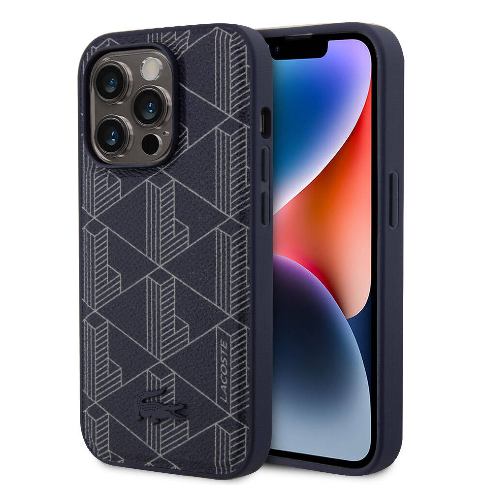 iPhone 15 Pro Kılıf Lacoste Orjinal Lisanslı Magsafe Şarj Özellikli PU Deri Görünümlü Karışık Monogram Desenli Kılıf Lacivert