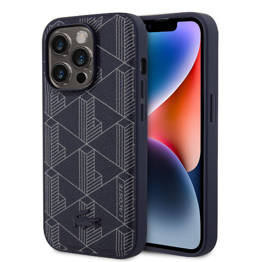 iPhone 15 Pro Kılıf Lacoste Orjinal Lisanslı Magsafe Şarj Özellikli PU Deri Görünümlü Karışık Monogram Desenli Kılıf Lacivert