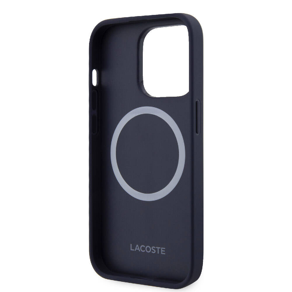 iPhone 15 Pro Kılıf Lacoste Orjinal Lisanslı Magsafe Şarj Özellikli PU Deri Görünümlü Karışık Monogram Desenli Kılıf Lacivert