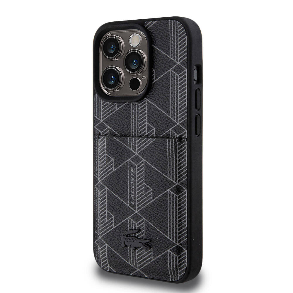 iPhone 15 Pro Kılıf Lacoste Orjinal Lisanslı Magsafe Şarj Özellikli PU Deri Görünümlü Kartlıklı Karışık Monogram Desenli Kılıf Lacivert