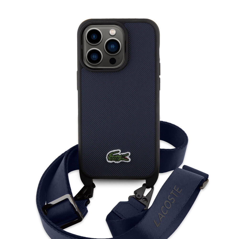 iPhone 15 Pro Kılıf Lacoste Orjinal Lisanslı PU Pike Desenli Arka Yüzey Askılı İkonik Timsah Dokuma Logolu Kılıf Siyah