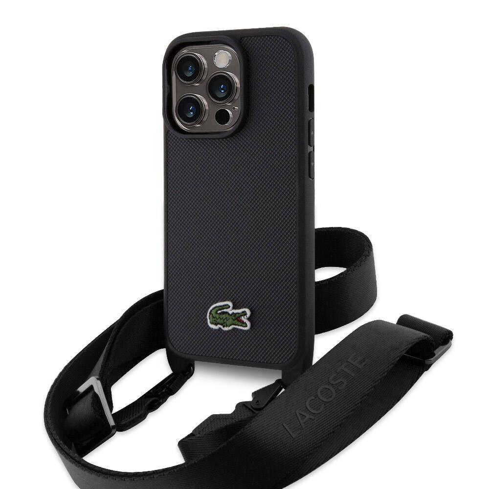 iPhone 15 Pro Kılıf Lacoste Orjinal Lisanslı PU Pike Desenli Arka Yüzey Askılı İkonik Timsah Dokuma Logolu Kılıf Siyah