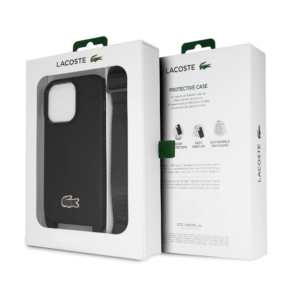 iPhone 15 Pro Kılıf Lacoste Orjinal Lisanslı PU Pike Desenli Arka Yüzey Askılı İkonik Timsah Dokuma Logolu Kılıf Lacivert