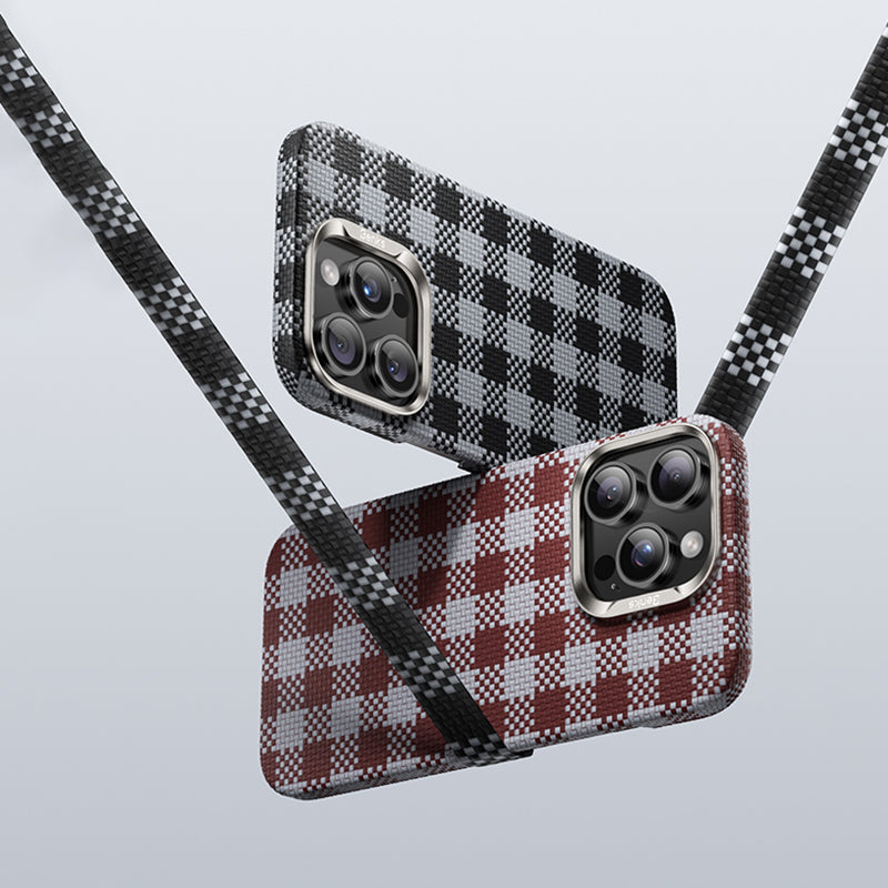 Apple iPhone 15 Pro Kılıf M-safe Şarj Özellikli Ekose Tasarımlı Benks ArmorVichy Kevlar Kapak Siyah