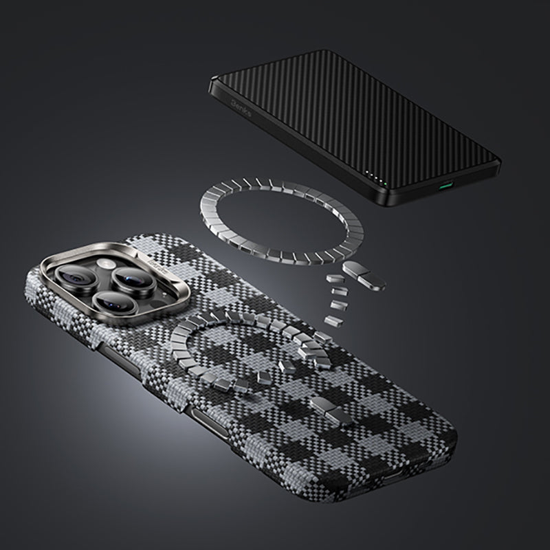 Apple iPhone 15 Pro Kılıf M-safe Şarj Özellikli Ekose Tasarımlı Benks ArmorVichy Kevlar Kapak Siyah