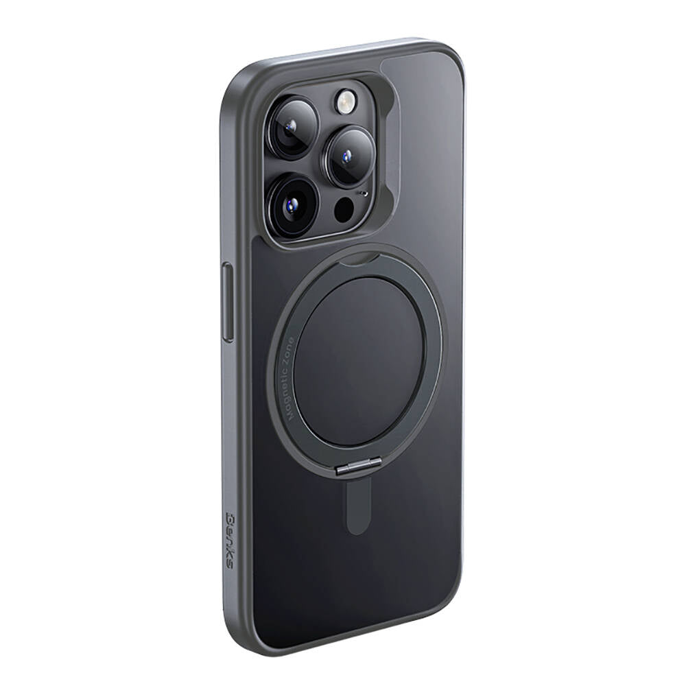 iPhone 15 Pro Kılıf Magsafe Şarj Özellikli 360° Dönebilen Benks Pop Stand Kılıf Gri