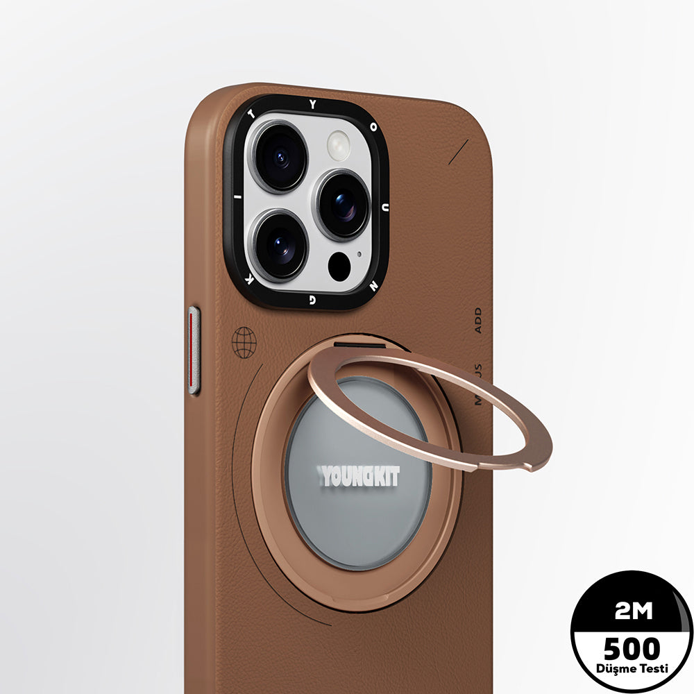 iPhone 15 Pro Kılıf Magsafe Şarj Özellikli 360° Standlı Basit Mat Deri Desenli Youngkit Tech Leather Serisi Kılıf Kahverengi