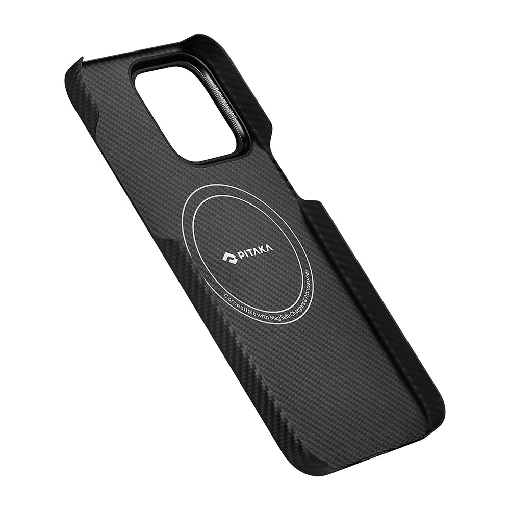 iPhone 15 Pro Kılıf Magsafe Şarj Özellikli 600D Aramid Fiber Pitaka Tactile Woven Orchestra Serisi Rhapsody Kılıf Siyah