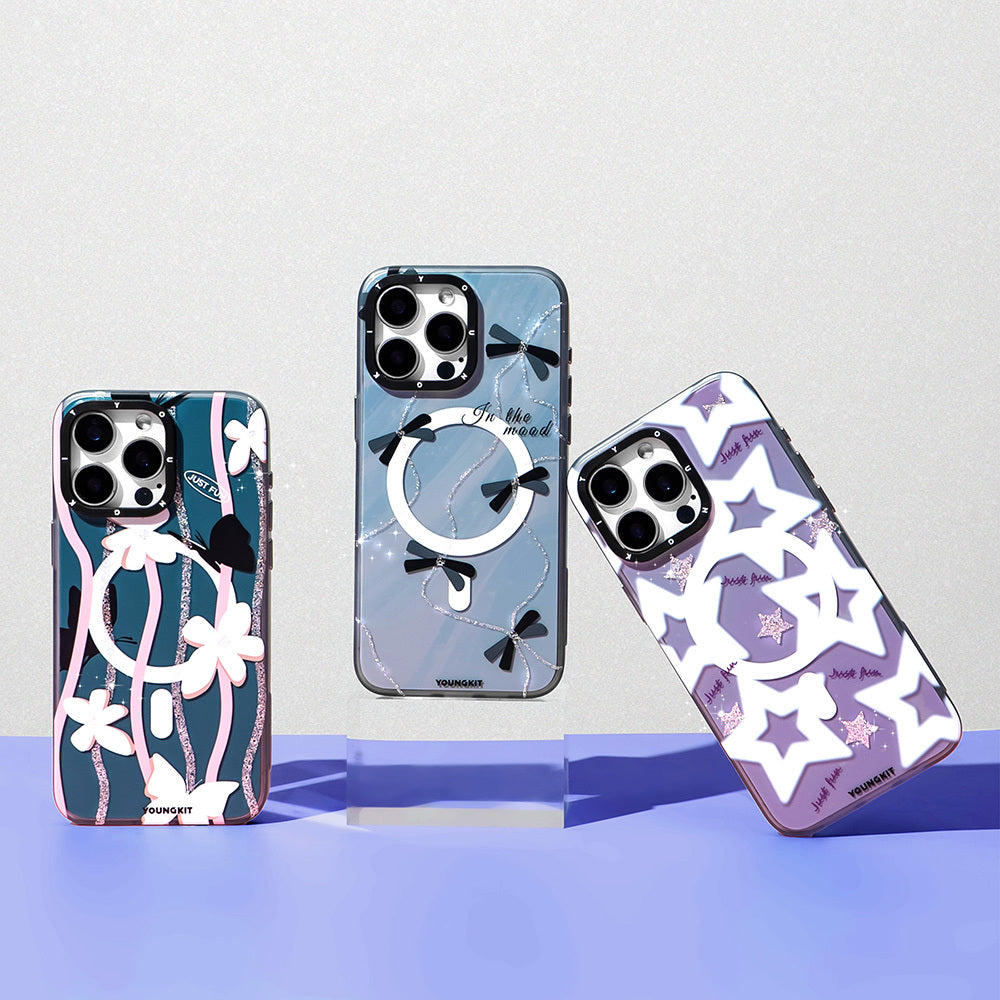 iPhone 15 Pro Kılıf Magsafe Şarj Özellikli Airbagli Çift Katmanlı Youngkit Star&Butterfly Serisi Kılıf Gri