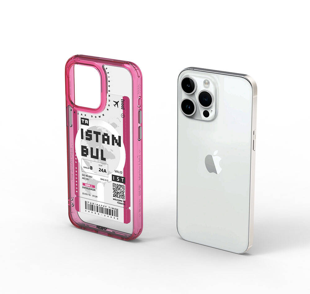 iPhone 15 Pro Kılıf Magsafe Şarj Özellikli Bilet Desenli Wiwu Turkey B Serisi Kılıf Pembe