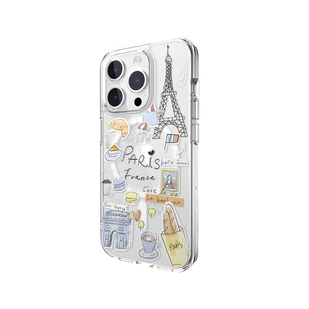 iPhone 15 Pro Kılıf Magsafe Şarj Özellikli Çizim Desenli Şok Önleyicili Şeffaf Lisanslı Switcheasy City-M Paris Kılıf Renksiz