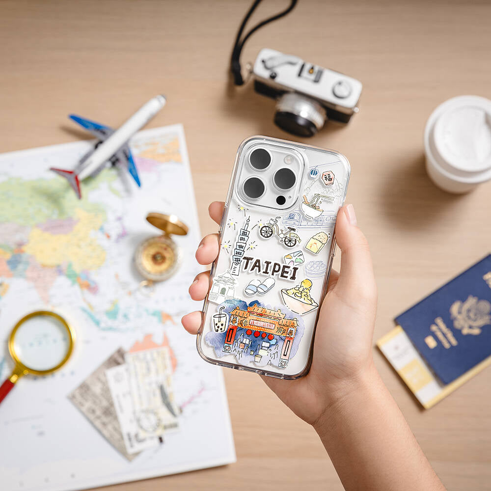 iPhone 15 Pro Kılıf Magsafe Şarj Özellikli Çizim Desenli Şok Önleyicili Şeffaf Lisanslı Switcheasy City-M Taipei Kılıf Renksiz