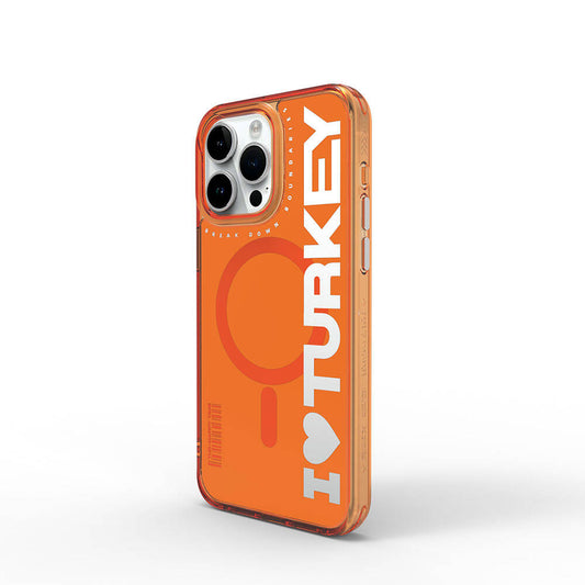 iPhone 15 Pro Kılıf Magsafe Şarj Özellikli I Love Turkey Yazı Desenli Wiwu Turkey E Serisi Kılıf Turuncu