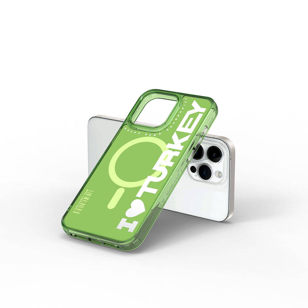 iPhone 15 Pro Kılıf Magsafe Şarj Özellikli I Love Turkey Yazı Desenli Wiwu Turkey E Serisi Kılıf Turuncu