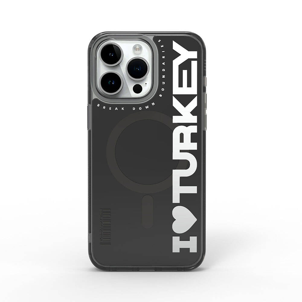 iPhone 15 Pro Kılıf Magsafe Şarj Özellikli I Love Turkey Yazı Desenli Wiwu Turkey E Serisi Kılıf Siyah