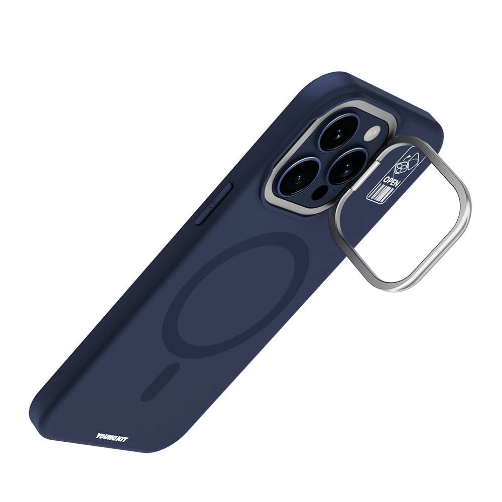 iPhone 15 Pro Kılıf Magsafe Şarj Özellikli Kamera Standlı Youngkit Bitty Cream Kılıf Mavi