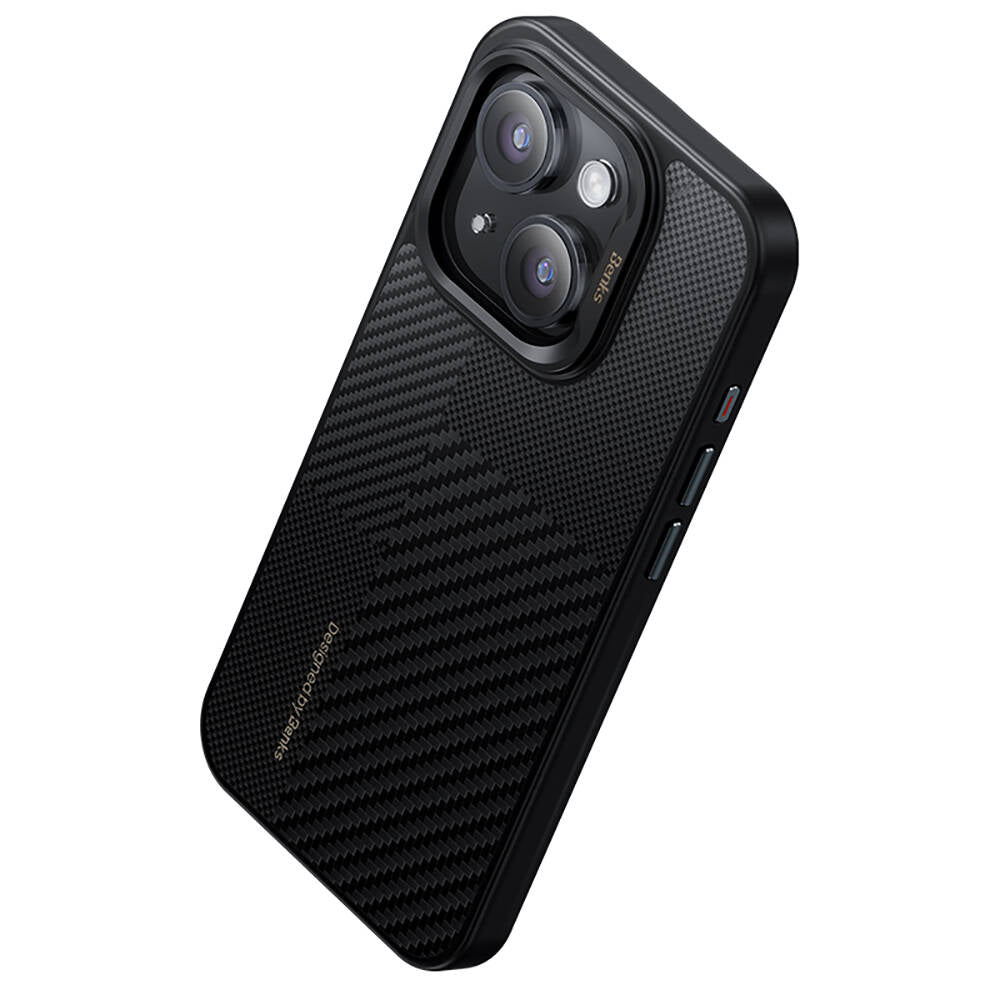iPhone 15 Pro Kılıf Magsafe Şarj Özellikli Karbon Fiber Benks Montage Hybrid ArmorPro Kevlar Kılıf Siyah