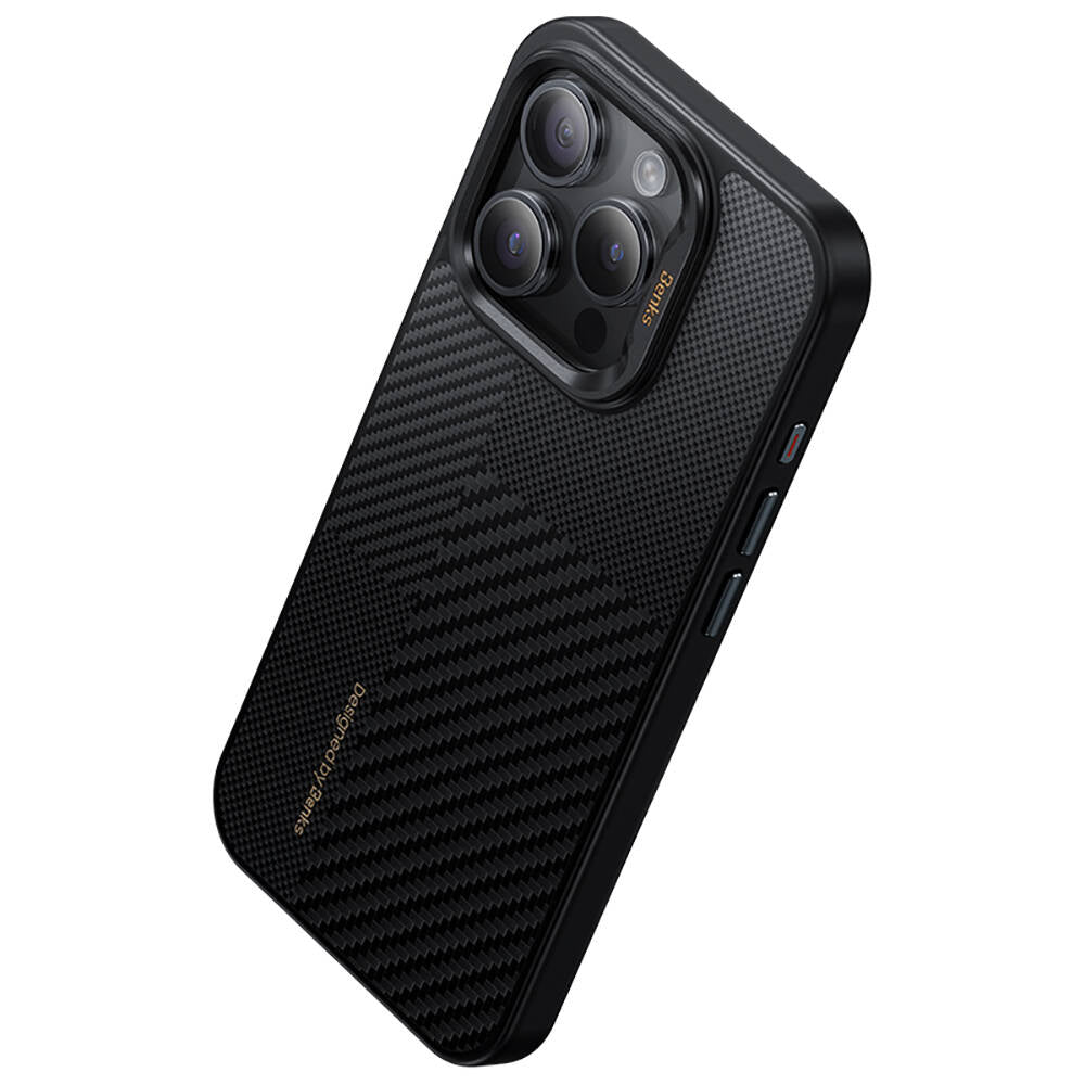 iPhone 15 Pro Kılıf Magsafe Şarj Özellikli Karbon Fiber Benks Montage Hybrid ArmorPro Kevlar Kılıf Siyah