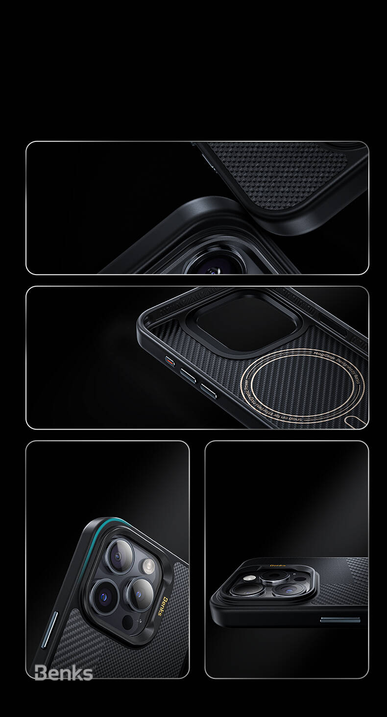 iPhone 15 Pro Kılıf Magsafe Şarj Özellikli Karbon Fiber Benks Montage Hybrid ArmorPro Kevlar Kılıf Siyah