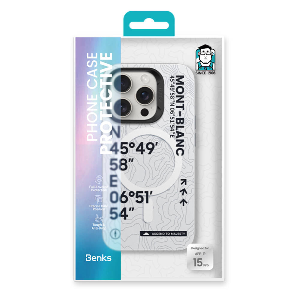 iPhone 15 Pro Kılıf Magsafe Şarj Özellikli Koordinat Yazı Desenli Benks Summit Serisi Kılıf Beyaz