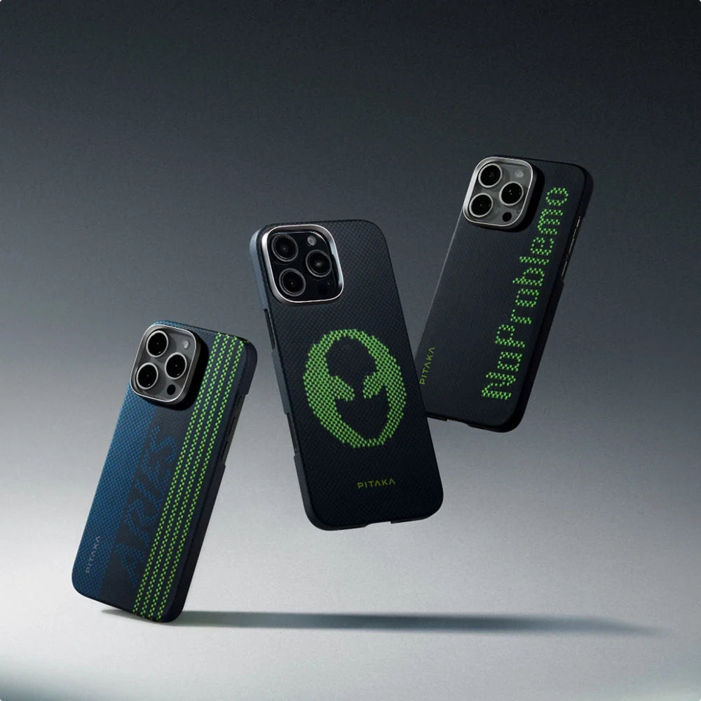 iPhone 15 Pro Kılıf Magsafe Şarj Özellikli Lumintex Teknolojili Fosforlu Aramid Fiber Pitaka Tactile Woven Aries Serisi Kılıf Siyah-Mavi