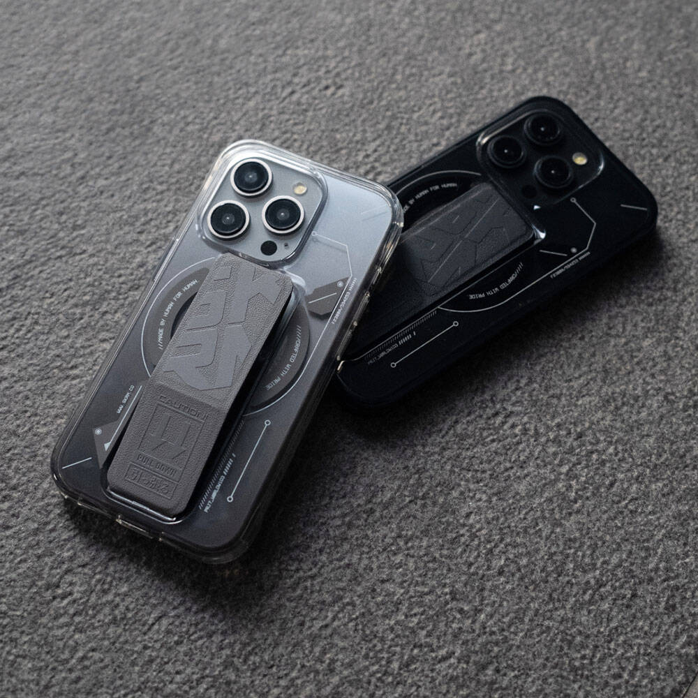 iPhone 15 Pro Kılıf Magsafe Şarj Özellikli Teknoloji Desenli Standlı Skinarma Helio Kılıf Siyah