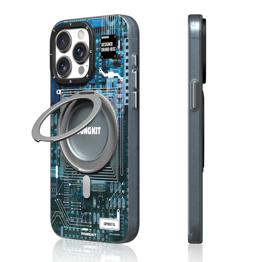 iPhone 15 Pro Kılıf Magsafe Şarj Özellikli Youngkit 360° Standlı Technology Serisi Kılıf Mavi