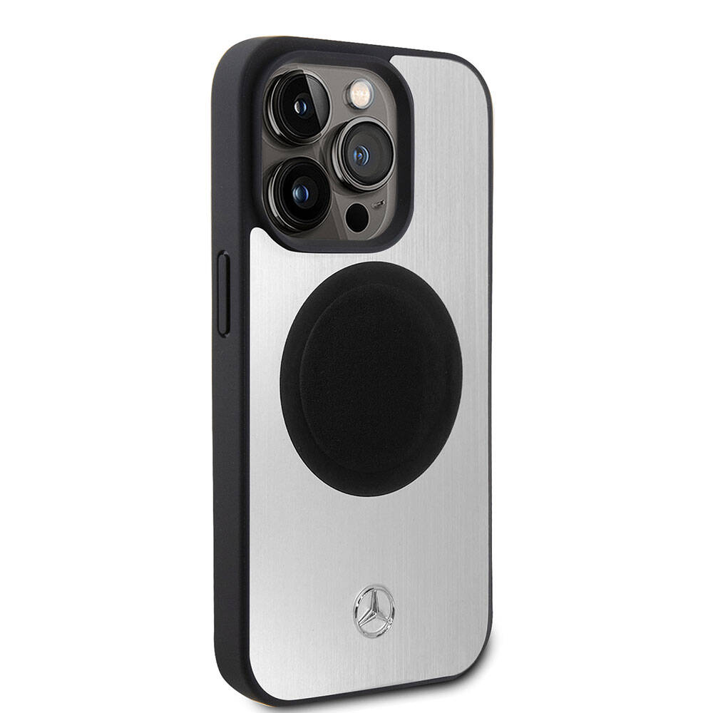 iPhone 15 Pro Kılıf Mercedes Benz Orjinal Lisanslı Magsafe Şarj Özellikli Alüminyum Arka Yüzey Metal Yıldız Logolu Kılıf Gümüş