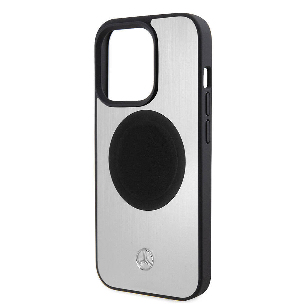 iPhone 15 Pro Kılıf Mercedes Benz Orjinal Lisanslı Magsafe Şarj Özellikli Alüminyum Arka Yüzey Metal Yıldız Logolu Kılıf Gümüş