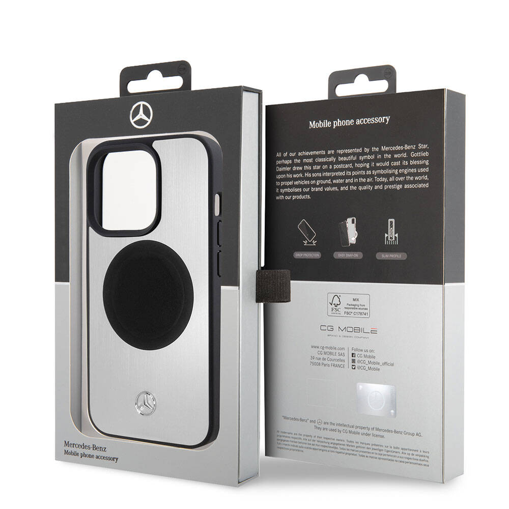 iPhone 15 Pro Kılıf Mercedes Benz Orjinal Lisanslı Magsafe Şarj Özellikli Alüminyum Arka Yüzey Metal Yıldız Logolu Kılıf Gümüş
