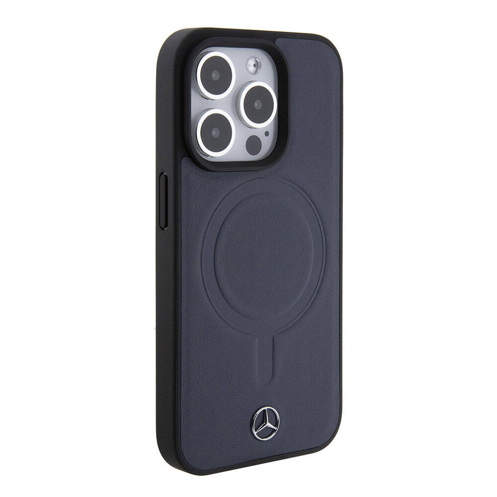 iPhone 15 Pro Kılıf Mercedes Benz Orjinal Lisanslı Magsafe Şarj Özellikli Metal Yıldız Logolu Pürüzsüz Deri Kılıf Lacivert