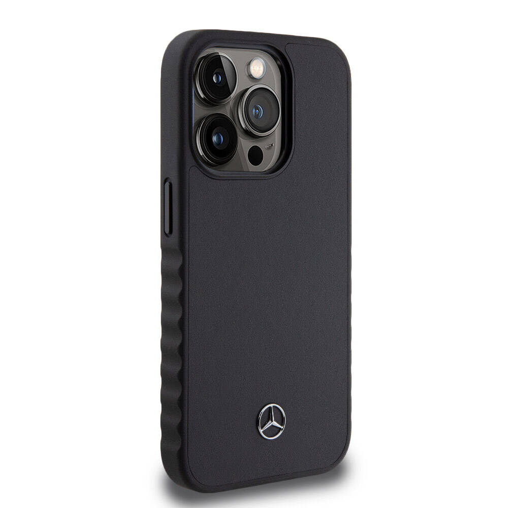 iPhone 15 Pro Kılıf Mercedes Benz Orjinal Lisanslı Tırtıklı Kenar Tasarımlı Metal Yıldız Logolu Pürüzsüz Hakiki Deri Kılıf Siyah
