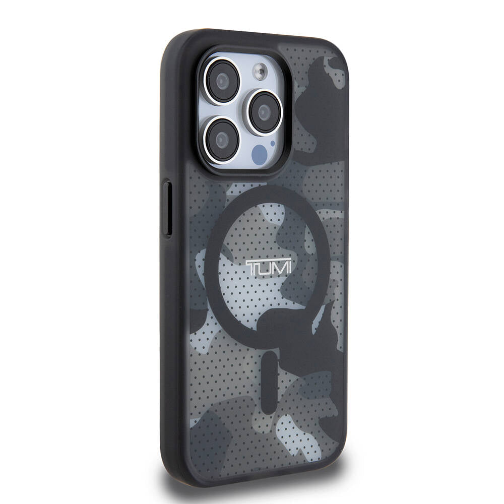 iPhone 15 Pro Kılıf TUMI Orjinal Lisanslı Magsafe Şarj Özellikli Buzlanmış Saydam Ağ Kamuflajı Desenli Kılıf Siyah