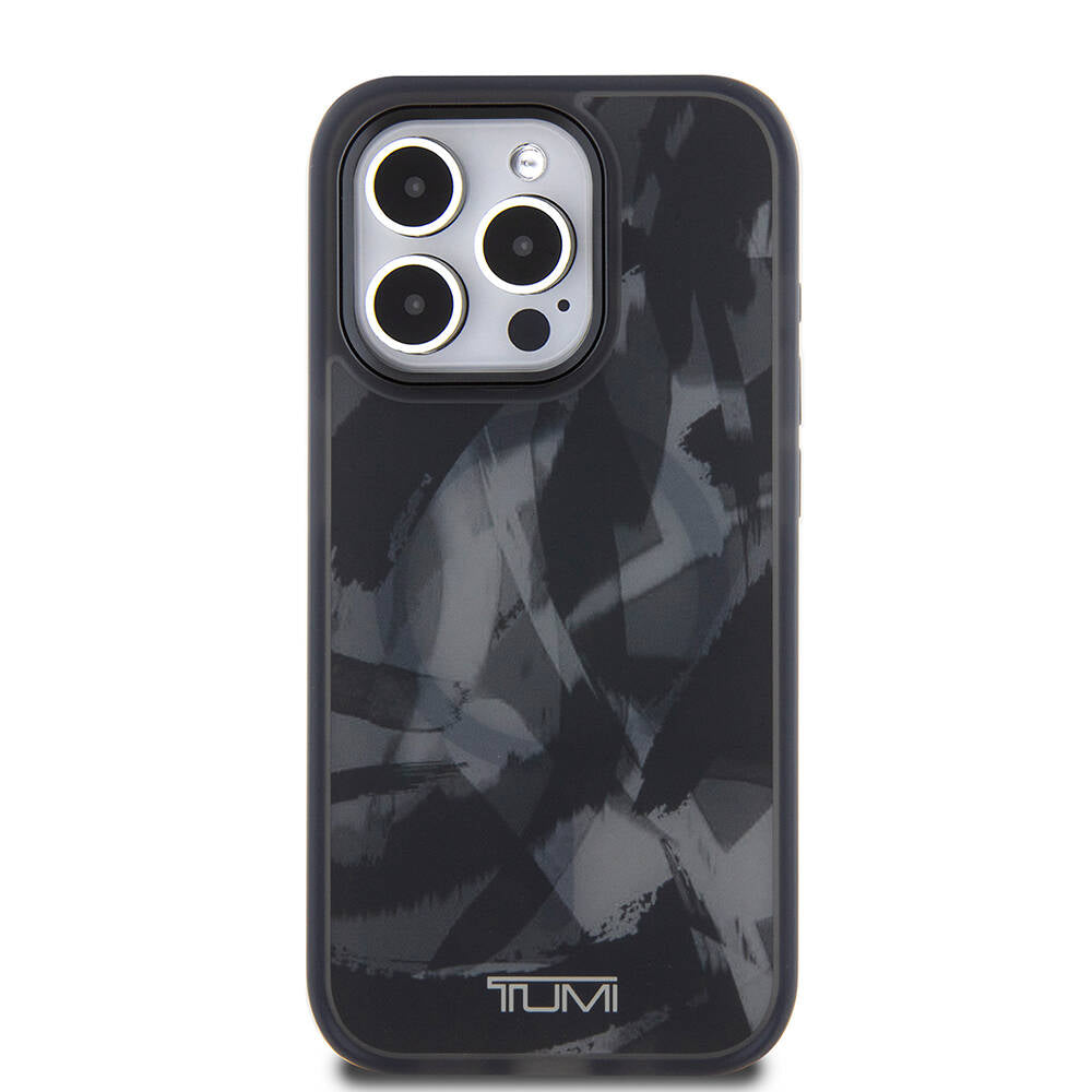 iPhone 15 Pro Kılıf TUMI Orjinal Lisanslı Magsafe Şarj Özellikli Buzlanmış Saydam Fırça Kamuflajı Desenli Kılıf Siyah