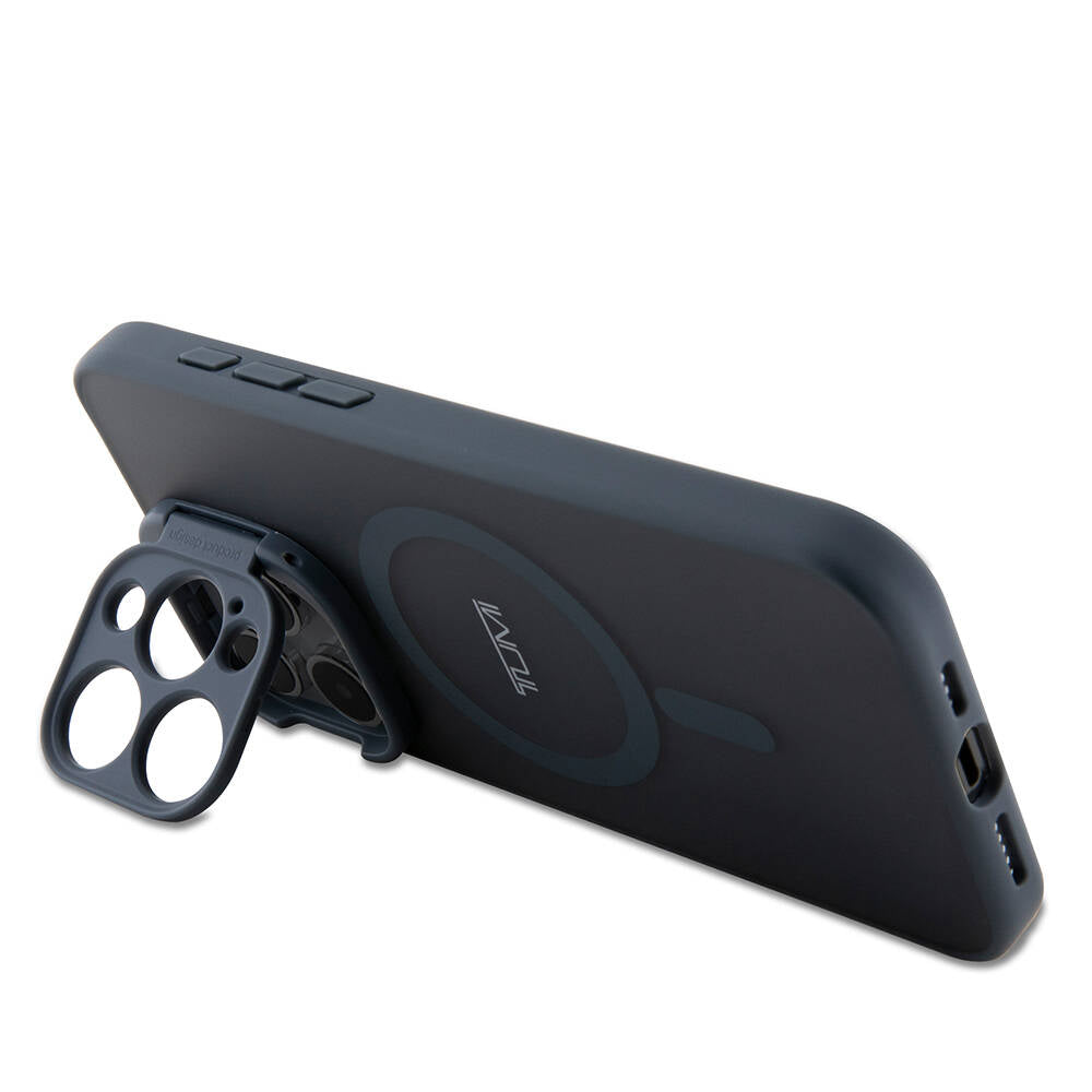 iPhone 15 Pro Kılıf TUMI Orjinal Lisanslı Magsafe Şarj Özellikli Kamera Standlı Buzlu Mat Kılıf Siyah