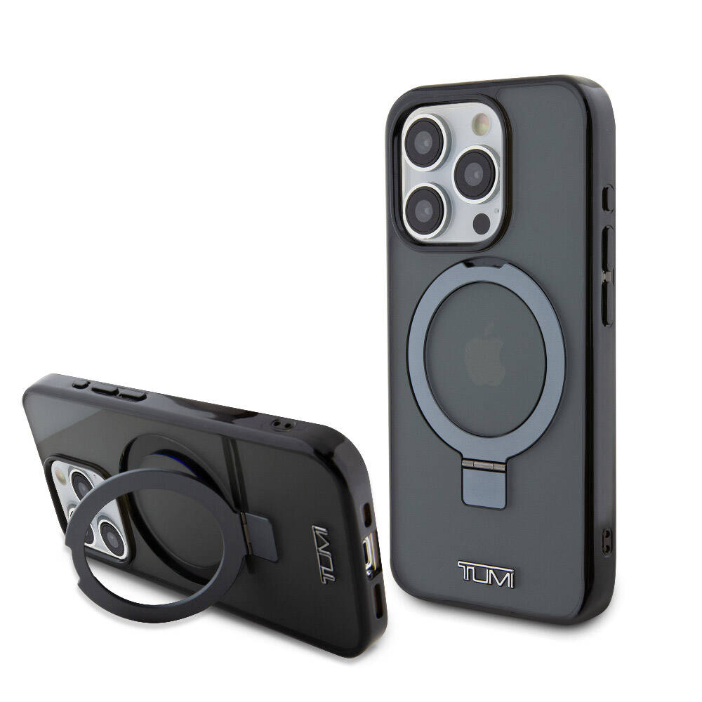 iPhone 15 Pro Kılıf TUMI Orjinal Lisanslı Magsafe Şarj Özellikli PC TPU Metal Logolu Ring Standlı Kılıf Siyah