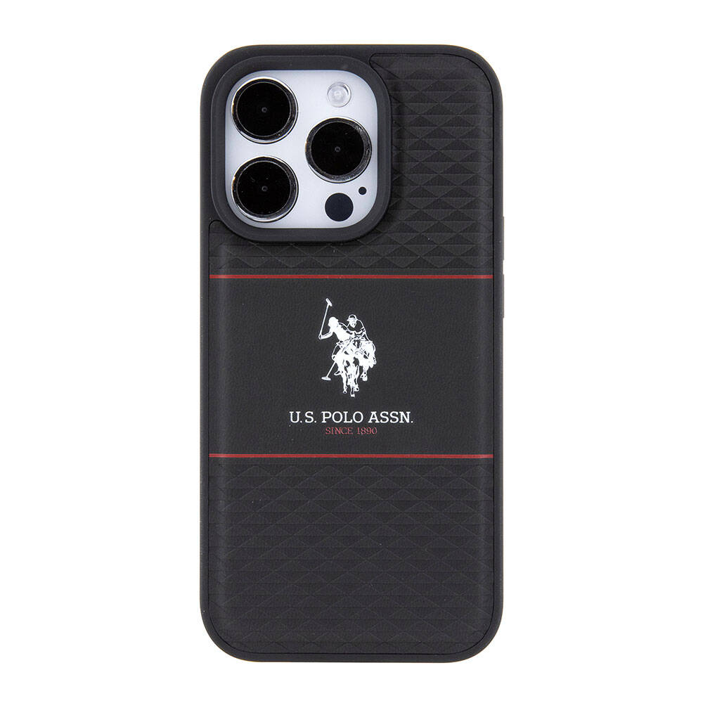 iPhone 15 Pro Kılıf U.S. Polo Assn. Orjinal Lisanslı Deri Şeritli Logo Dizayn Kılıf Siyah